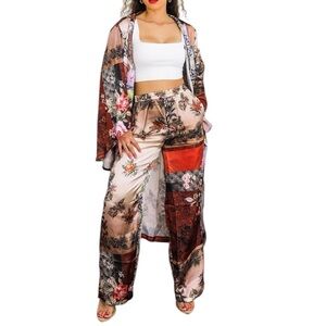 BOHO LUXE KIMONO 2 PC SET – BELTED PRINTED DUSTER & WIDE-LEG PANTS
